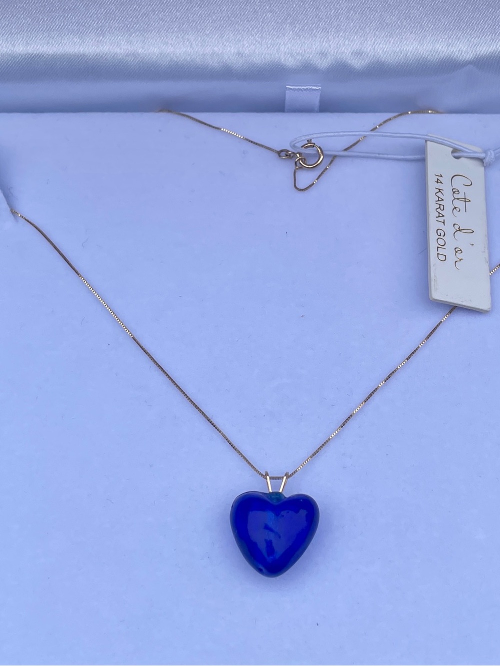 Real 14K Gold and Murano Glass Blue Heart Pendant Necklace